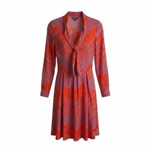 ModCloth Tie Neck MIDI Dress NWOT. Vibrant red & blue pattern. Red Lining.